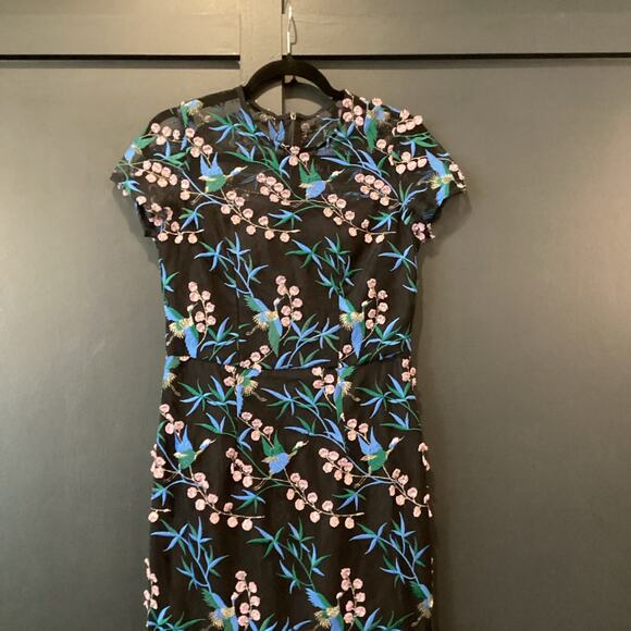 Anthropologie blue black bird embroidered shortsleeve VONE Rylee midi Dress 8 - Picture 10 of 12